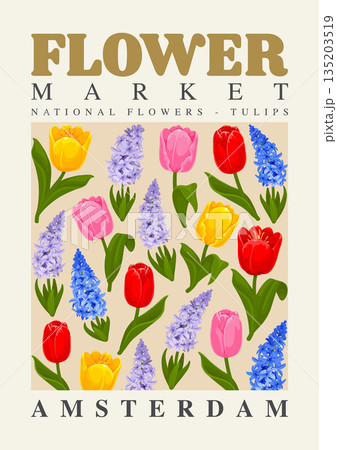Flower Market Retro Poster With Tulips And Hyacinths 135203519