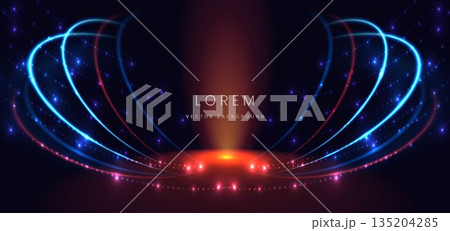 Abstract blue and red curve lines on dark background with sparkling. Abstract blue and red curve lines on dark background with sparkling. 135204285