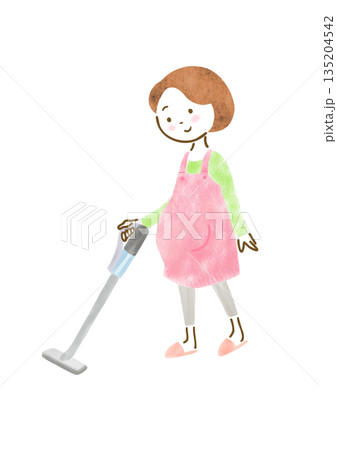 掃除機をかけるエプロン姿の妊婦さんのイラスト 135204542