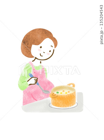 料理をするエプロン姿の妊婦さんのイラスト 料理をするエプロン姿の妊婦さんのイラスト 135204543