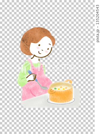 料理をするエプロン姿の妊婦さんのイラスト 料理をするエプロン姿の妊婦さんのイラスト 135204543