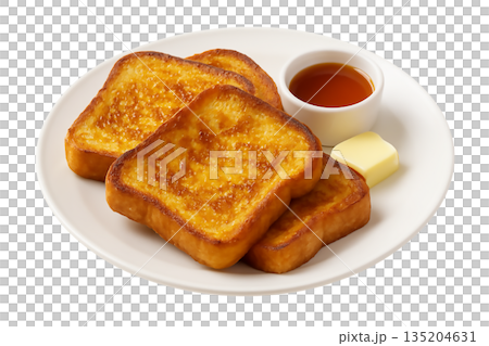 Delicious golden brown French toast served with butter and maple syrup on a white plate for a perfect breakfast Delicious golden brown French toast served with butter and maple syrup on a white plate for a perfect breakfast 135204631