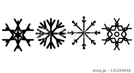 Minimal black snowflake icon set featuring various winter crystal shapes. Clean vector style suitable for seasonal design holiday graphics stickers UI icons prints and decorative elements 135204848