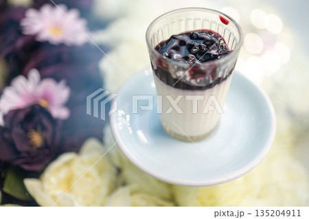 Top view of blueberry panna cotta, focus selective 135204911