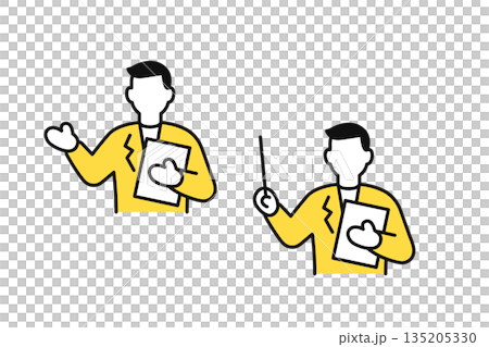 一套簡單的向量圖標插圖，描繪了一位正在解釋的商人。 135205330