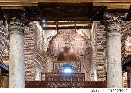 The interior of the Saints Sefgius and Bacchus Church. The Holy Family shelter. Coptic Orthodox Church in Coptic Cairo, Egypt. 135205445