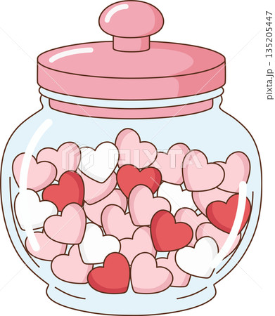 Cute Glass Jar Full of Pink and Red Hearts Illustration for Valentine's Day Gift and Decoration Cute Glass Jar Full of Pink and Red Hearts Illustration for Valentine's Day Gift and Decoration 135205447