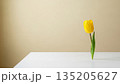Single yellow tulip on white rustic table. Simple spring still life composition for greeting card and seasonal announcement. 135205627