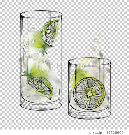 Mojito cocktail, water or lemonade, clear spirits in highball collins and rocks tumbler glasses, green lime slices garnish. Watercolor texture and ink. Hand drawn for cafe bar menu, mixology posters 135206024