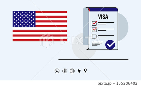 American Flag And Visa Form Illustration Emphasizing Travel, Identity, And National Connectivity For Global Mobility And Migration. 135206402