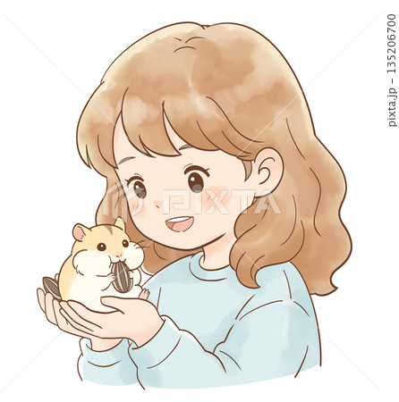 ひまわりの種を食べるハムスターと女の子 135206700