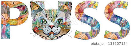 Word PUSS. Vector zentangle object for decoration 135207124
