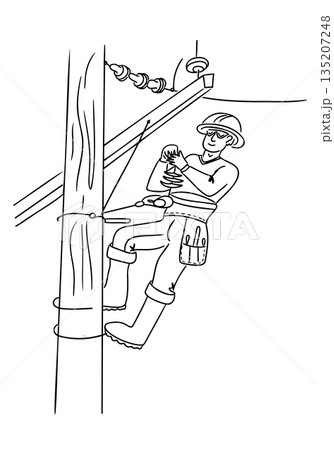 Hand drawn electrician working on a power line pole with safety equipment in simple black outline isolated on white background. The illustration represents electrical maintenance, professional labor 135207248