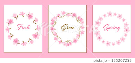 Set of three spring posters with pink floral wreaths and elegant typography on soft pastel background in clean vector style. The illustration represents renewal, growth and fresh seasonal inspiration 135207253