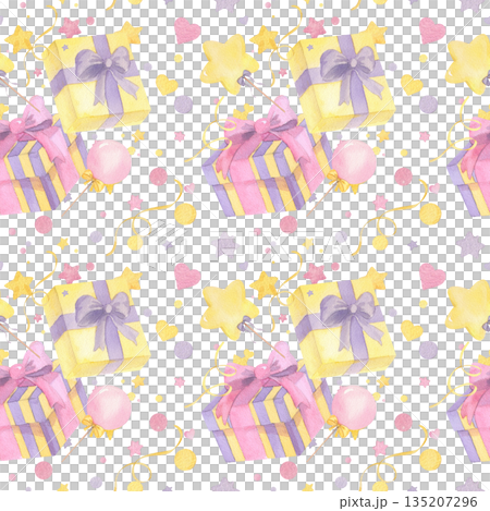 Seamless pattern of gift boxes, lolipops, confetti and serpentine. Handmade watercolor illustration. For packing paper, greeting cards, decoration and illustration. Seamless pattern of gift boxes, lolipops, confetti and serpentine. Handmade watercolor illustration. For packing paper, greeting cards, decoration and illustration. 135207296
