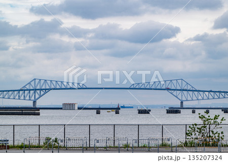 東京湾岸の工業地帯 立ち並ぶ建設用クレーンと曇天の空 135207324