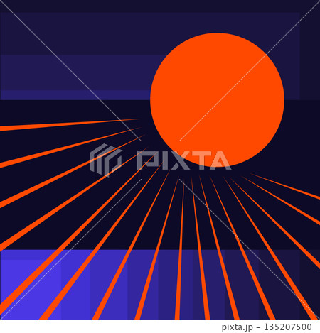 Bright orange sun radiates vivid beams across a stylized geometric purple landscape with bold shadowed blocks, evoking heat, structure, and abstraction. Bright orange sun radiates vivid beams across a stylized geometric purple landscape with bold shadowed blocks, evoking heat, structure, and abstraction. 135207500