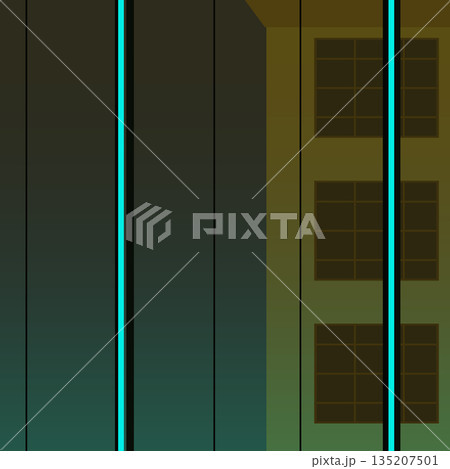 View of a stylized building facade seen through tall tinted glass panels featuring bright cyan vertical lines, combining urban architecture and abstraction. 135207501
