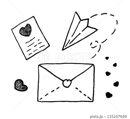 Vector set of hand-drawn love letters, envelopes, airplanes, and hearts for Valentines Day messages. Romantic correspondence, a cute set of doodle-style outline illustrations. 135207689
