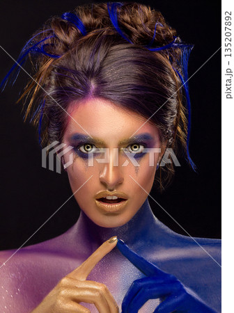 Creative art makeup. Close-up studio portrait of young fashion model Creative art makeup. Close-up studio portrait of young fashion model 135207892