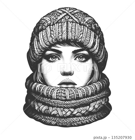 Winter woman portrait engraving sketch raster 135207930