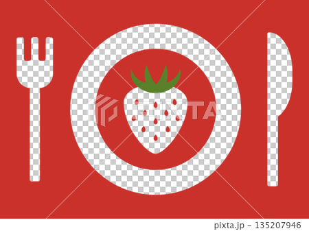 Illustration of a plate with strawberries and cutlery on a red background Illustration of a plate with strawberries and cutlery on a red background 135207946