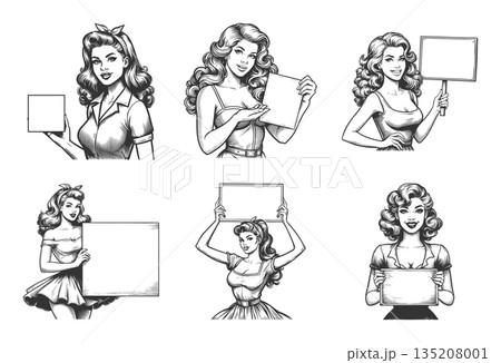 pin-up women blank signs and posters set vector 135208001