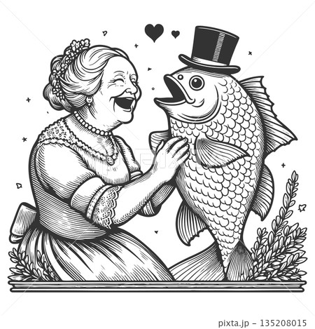 woman in love with fish engraving sketch vector woman in love with fish engraving sketch vector 135208015