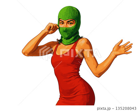 Confident woman in red dress and green balaclava 135208043