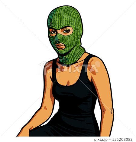 Woman in green ski mask wearing black dress raster Woman in green ski mask wearing black dress raster 135208082
