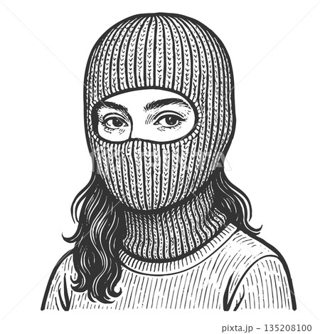 Woman in knitted balaclava engraving sketch raster Woman in knitted balaclava engraving sketch raster 135208100