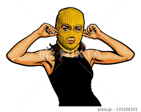 Woman yellow ski mask wearing black dress raster 135208101