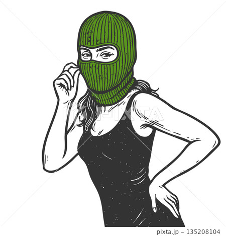 Woman in green balaclava confident pose raster 135208104