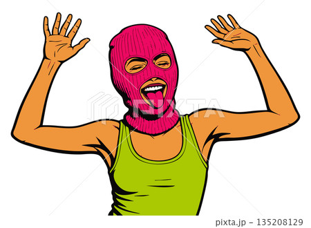 Playful woman in ski mask comic style raster 135208129