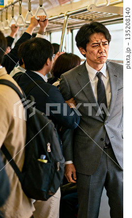 通勤電車で疲れた表情のサラリーマン 135208140