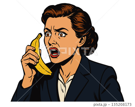 Woman yelling into banana phone vector Woman yelling into banana phone vector 135208173