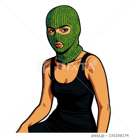 Woman in green ski mask wearing black dress vector 135208174