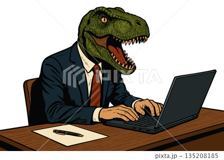Dinosaur businessman working on laptop cartoon Dinosaur businessman working on laptop cartoon 135208185