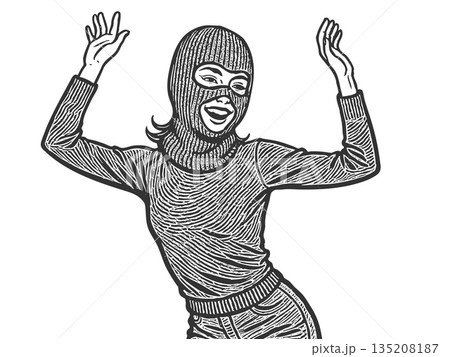 Happy woman in ski mask engraving sketch vector 135208187