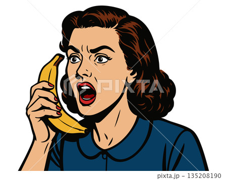 Woman yelling into banana phone vector 135208190
