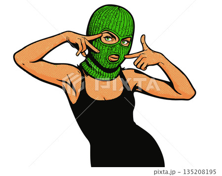 Woman in green ski mask wearing black dress vector Woman in green ski mask wearing black dress vector 135208195