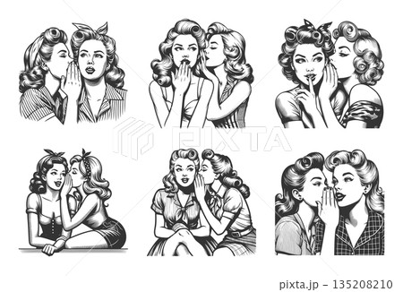 pin-up women whispering secrets engraving vector 135208210