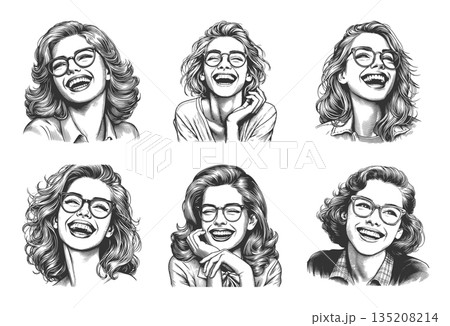 Smiling retro pin-up women portraits set vector 135208214