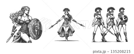Female warriors ancient armor engraving set vector 135208215