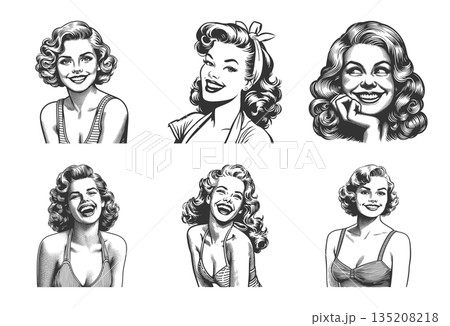 Smiling retro pin-up women portraits set vector 135208218