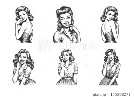 Smiling retro pin-up women portraits set raster 135208271