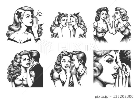 pin-up women whispering secrets engraving raster 135208300