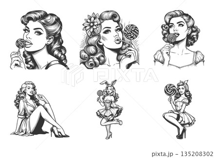 pin-up girl licking lollipops engraving set raster pin-up girl licking lollipops engraving set raster 135208302