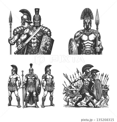 Ancient Spartan Greek warriors engraving raster 135208315