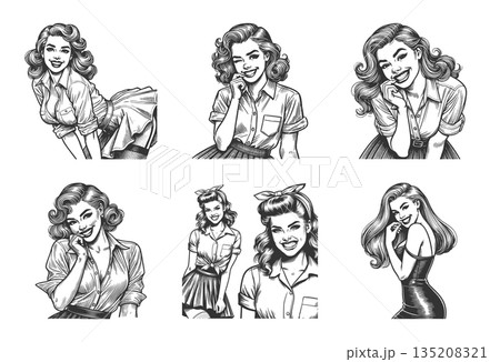 Smiling retro pin-up women portraits set raster 135208321